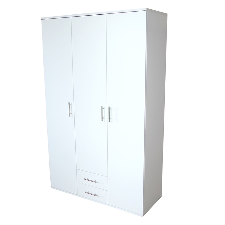 Dulap/Dressing Nefmob Missouri, dimensiuni 120x47x195, 3 usi, 2 sertare, 4 polite, 1 bara umerase, culoare alb