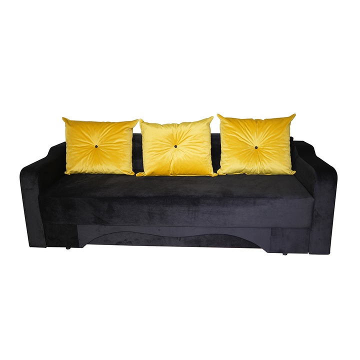 Canapea extensibil Nefmob Austin, dimensiuni 220x100x75 suprafata dormit 200x140, culoare negru/ perne galben