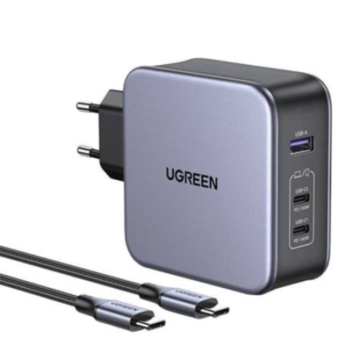 Incarcator telefon UGREEN CD289, 2x USB-C, 1x USB-A, GaN, 140W, cablu 2m, argintiu