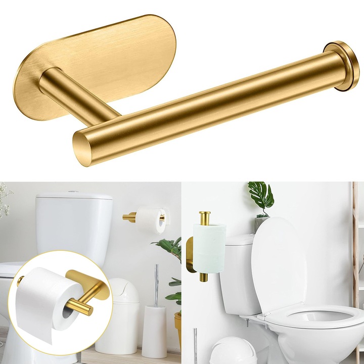 Suport pentru toaleta autoadeziv, NUODWELL, Usor de instalat, Anti-ruginire si anti-coroziune, Pentru baie sau toaleta, bucatarie, dormitor, camera de zi, Otel inoxidabil, 16 cm, Auriu