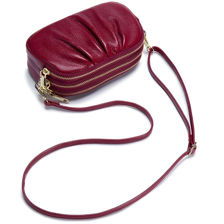 Geanta Piele Naturala cu pliuri AZeira®, 3 compartimente, Calitate superioara, versatila, fermoare metalice, piele moale de vaca, anti-zgariere, rosu bordo