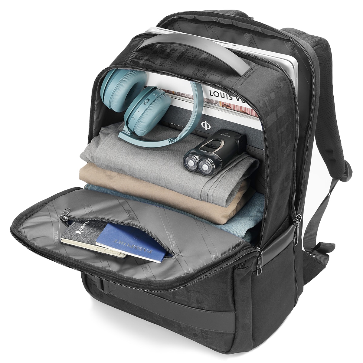 Rucsac laptop 15.6", casual business cu aspect retro, impermeabil, cu buzunar antifurt, Tigernu, 30x20x44 cm, Negru