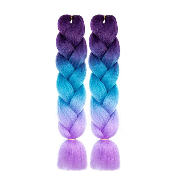 Set 2 Par sintetic, zggzerg, Ombre Braids de par de inalta temperatura, pentru Twist Crochet Braiding Hair, ombre mov inchis-albastru-mov deschis, 60 cm