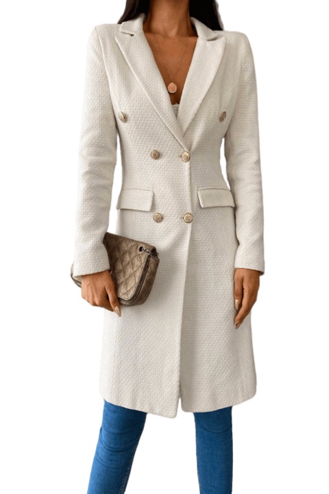 Elegáns női kabát, hosszú, kiszélesedő, 60% pamut, fehér, Fehér