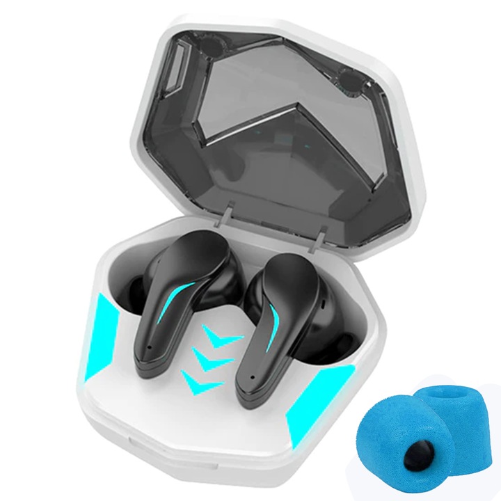 PadForce AeroWave vezeték nélküli fejhallgató játékhoz, Bluetooth 5.0 mikrofonnal, memóriahab csatlakozók, LED kijelző, hangasszisztens és érintésvezérlés, univerzális - fehér