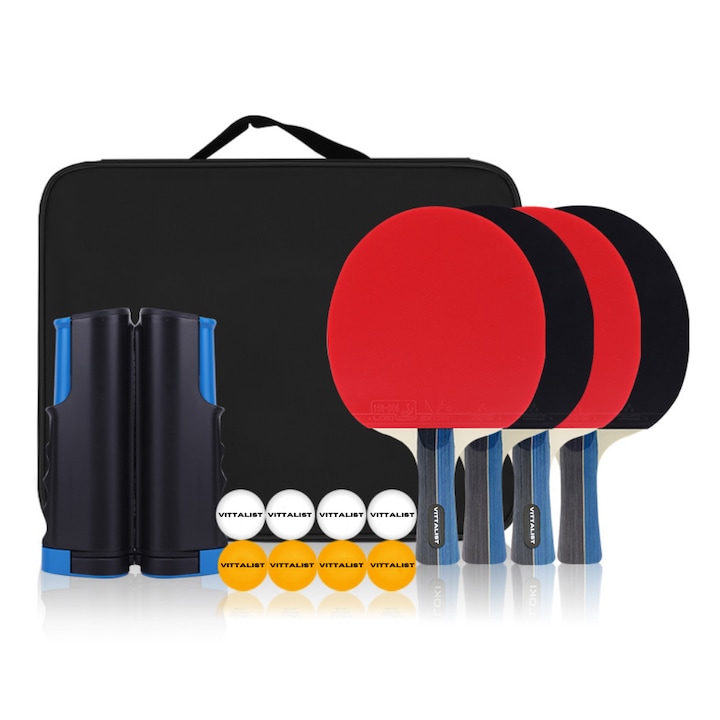 Set Complet de Ping Pong VITTALIST, 4 Palete tenis de masa, 8 mingi, fileu retractabil si geanta transport