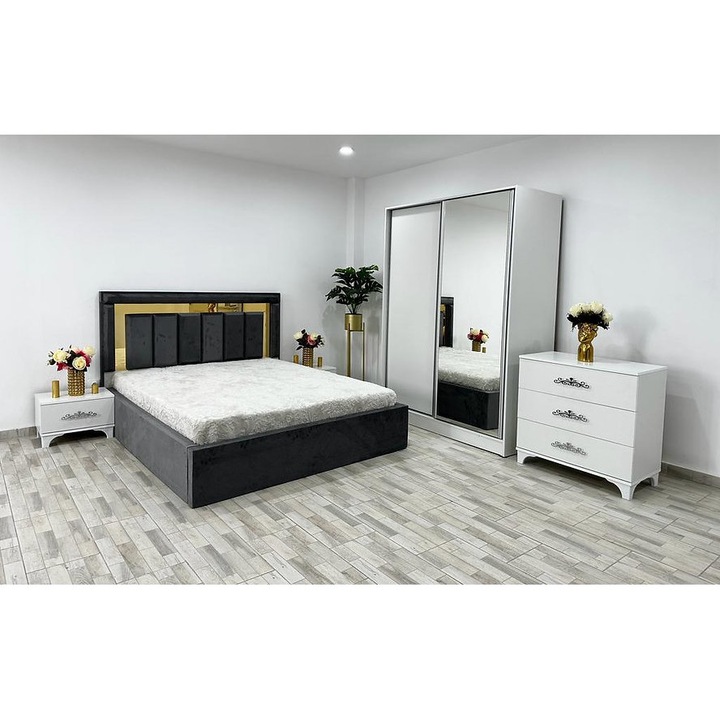 Set dormitor Roma Cu Comoda, Pat 160x200cm, Dulap Cu Usi Glisante 150x205cm, Culoare Gri/Alb