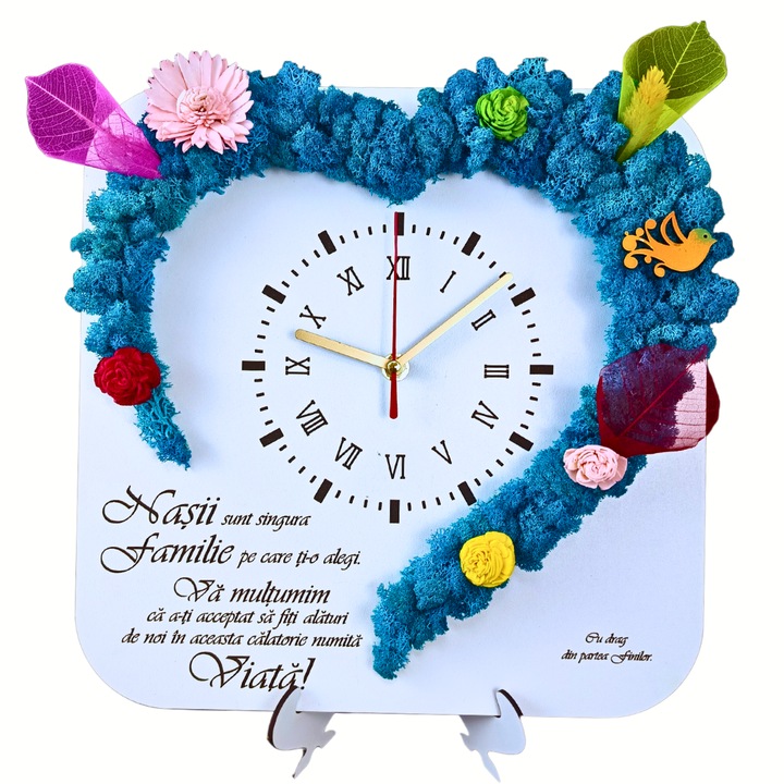 Ceas perete cu licheni stabilizati naturali, cadran personalizat cu mesaj standard, pentru nasi, nunta, botez, casatorie, gravat laser, 40cm, alb