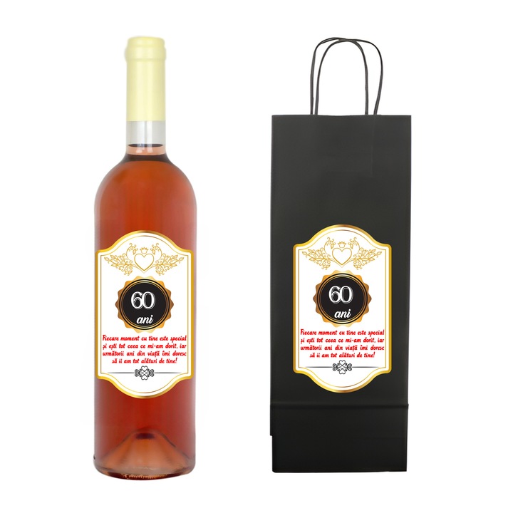 Set personalizat sticla de vin rose, demisec, 750 ml si punga de cadouri cu imprimeu Fiecare moment cu tine este special 60 ani