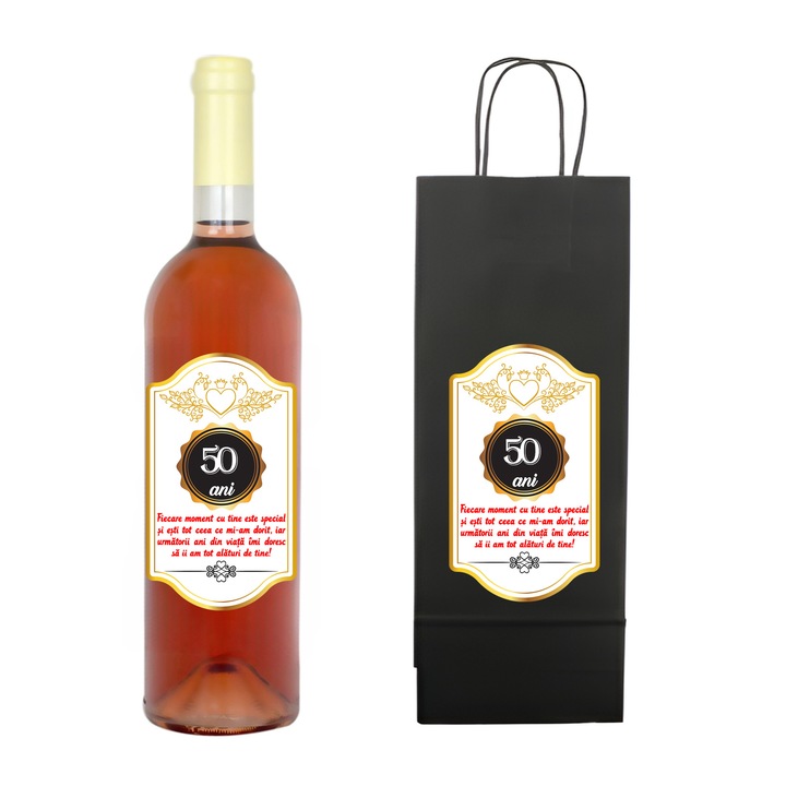 Set personalizat sticla de vin rose, demisec, 750 ml si punga de cadouri cu imprimeu Fiecare moment cu tine este special 50 ani