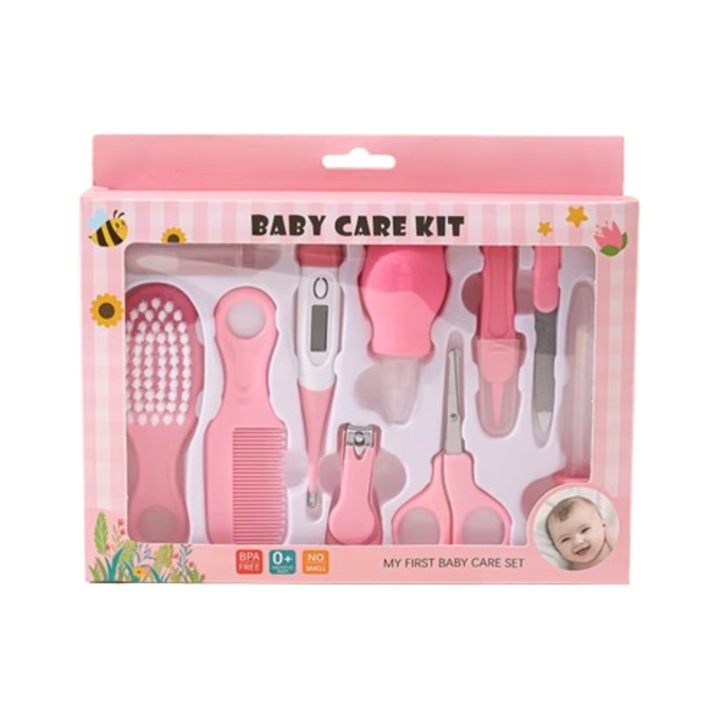 Set de Ingrijire pentru bebelusi, 10 piese, termometru, aspirator nazal, forfecuta cu varf rotunjit, unghiera, pila, perie si pieptan de par, dozator picaturi, periuta de dinti din silicon, roz