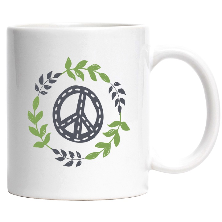 Cana Cu Simbol Peace, Frunze Verzi In Cerc, Pace, Multicolor, 330 ml, cu maner Alb