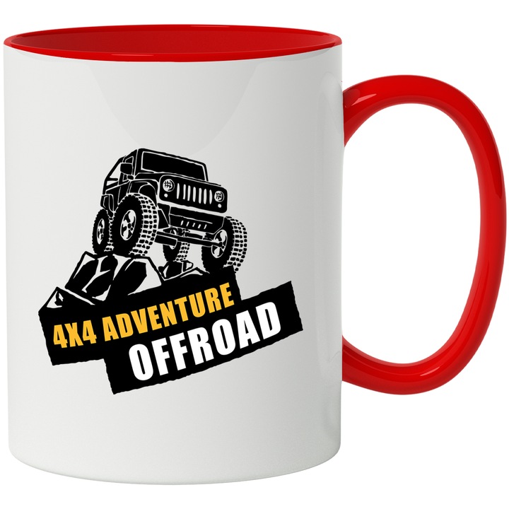 Cana Cu Mesajul 4X4 Adventura Offroad, Masini De Munte, Pace, Iubitorii De Offroad, Negru Cu Galbem, 330 ml, cu maner Rosu