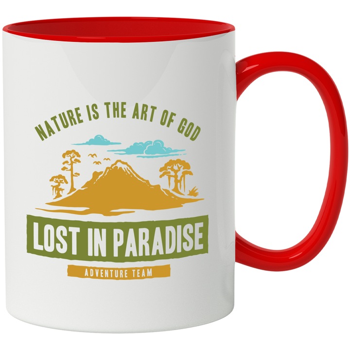 Nature Is The Art Of God Lost In Paradise Üzenő bögre, vakáció, vakáció a kikapcsolódás szerelmeseinek, többszínű, 330 ml, piros fogantyúval