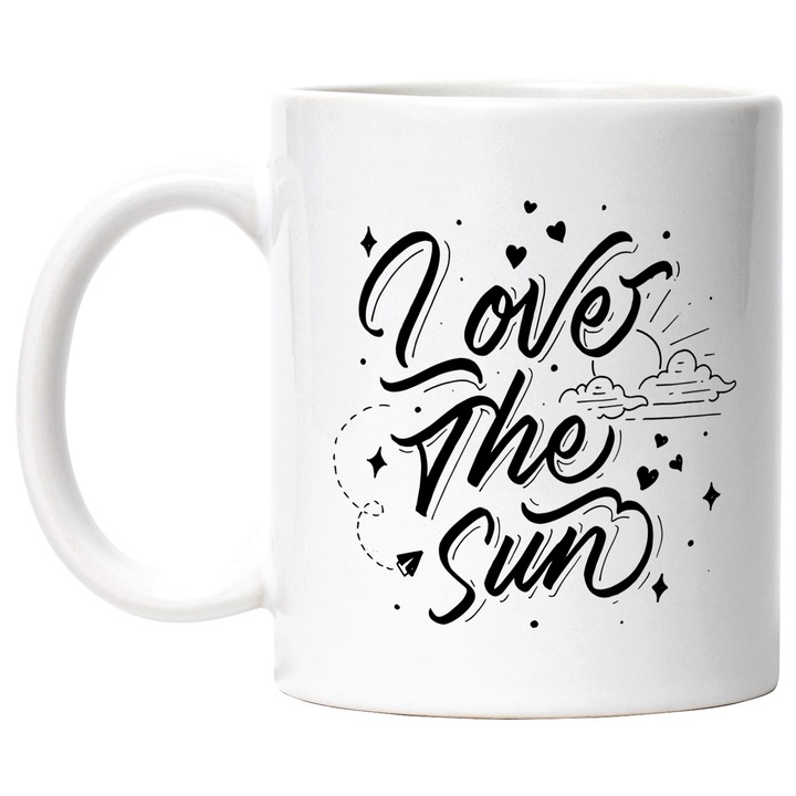 Cana Cu Mesajul Love The Sun, Stralucirea Soaraelui, Iubitorii De Vara, Negru, 330 ml, cu maner Alb