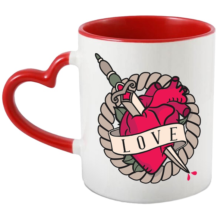 Cana Cu Inima Strapunsa De Sabie, Broken Heart, Inima Franta, Colac, Multicolor 330 ml, cu maner Inima Rosie