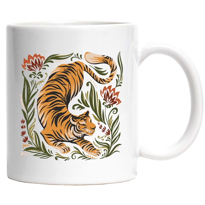 Cana Cu Tigru Intre Flori, Animal Salbatic, Jungla, Hippie, Iubitorii De Natura Si Padure, 330 ml, cu maner Alb