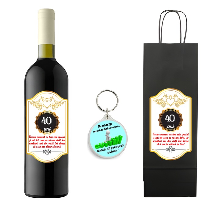 Set personalizat sticla de vin rosu, demisec, Feteasca Neagra, 750 ml, breloc succes si punga de cadouri cu imprimeu Fiecare moment cu tine este special 40 ani