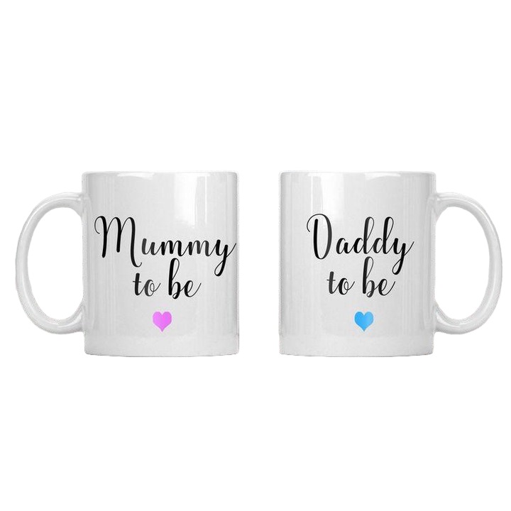 Set 2 cani albe ceramica personalizate pentru Gender Reveal, Mum To Be, Daddy to Be, Stickers Factory, 330 ml