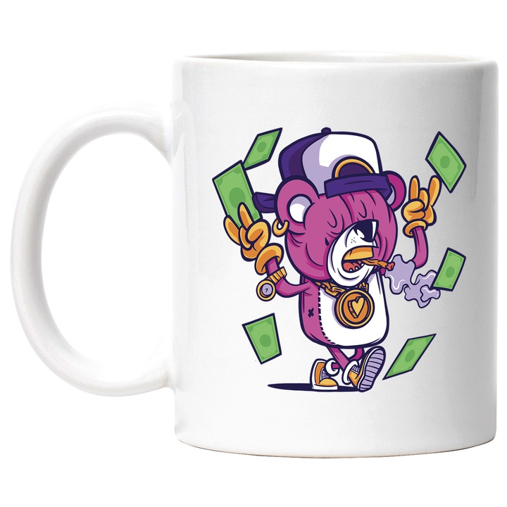 Cana Cu Urs Gangster Roz, Bani In Aer, Sapca, Bad Boy, Iubitorii De Accesorii De Aur, 330 ml, cu maner Alb