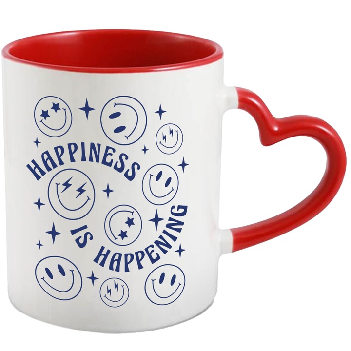 Cana Cu Text In Engleza Happines Is Hapening, Smiley Faces, Fericire, Be Happy, Albastru 330 ml, cu maner Inima Rosie
