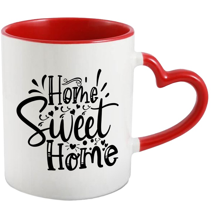 Cana Cu Mesajul Home Sweet Home, Casa Noua, Iubitorii De Acasa Negru, 330 ml, cu maner Inima Rosie