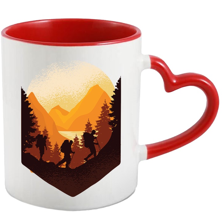 Cana Cu Priveliste Montana, Trei Drumeti, Cercetas, Iubitorii De Aventura, 330 ml, cu maner Inima Rosie