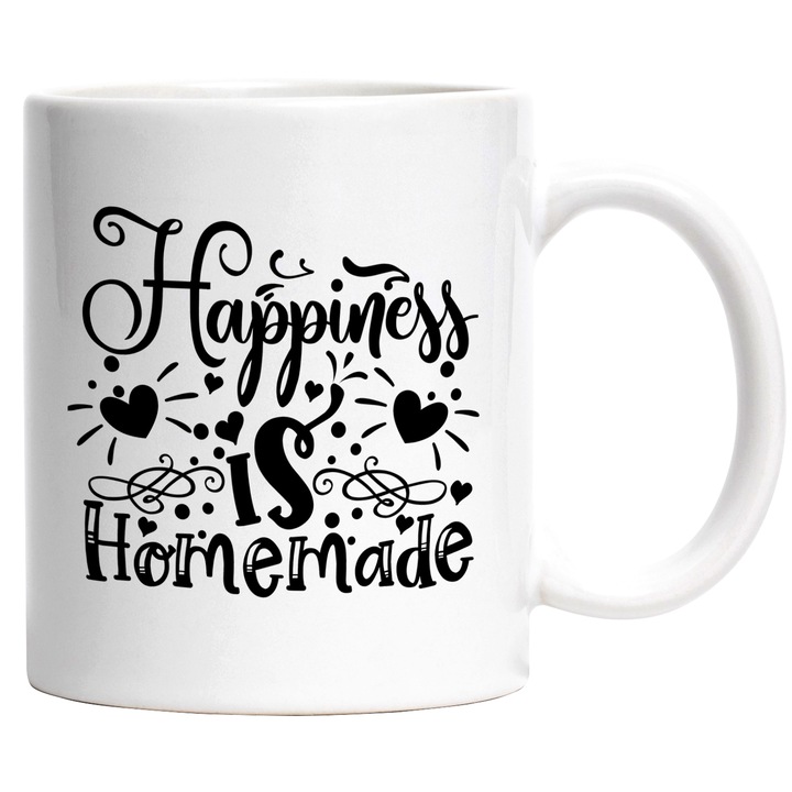 Cana Cu Mesajul Happiness Is Homemade, Iubirea De Acasa, De casa Noua, 330 ml, cu maner Alb
