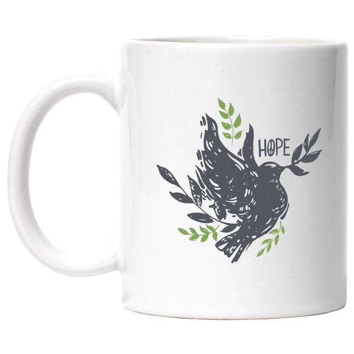 Cana Cu Porumbel Cu O Ramurica in Gura, Hope, Simbol Pace, Iubire, Bucurie, Gri, Verde 330 ml, cu maner Alb