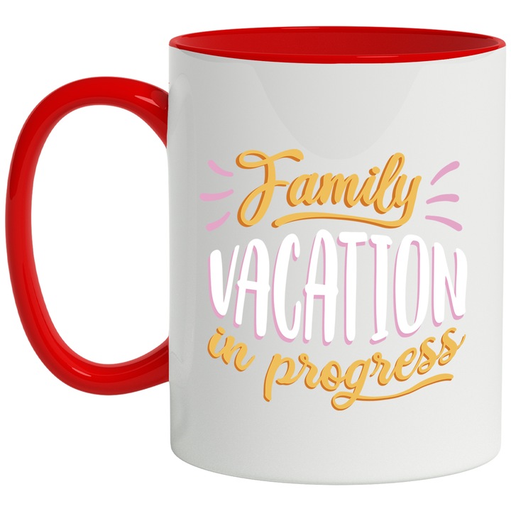 Cana Cu Mesajul Haios Family Vacantion In Progress, Vacanta In Familie, Multicolor, Iubitorii De Familie, 330 ml, cu maner Rosu