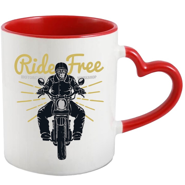 Cana Cu Mesajul Ride Free, Om Motociclist, Aventura, Iubitorii De Motarea, Multicolor, 330 ml, cu maner Inima Rosie