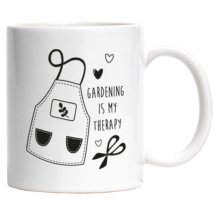 Cana Cu Mesajul Gardening Is My Therapi, Natura In Curtea Ta, Iubitorii De Gardinarit, 330 ml, cu maner Alb