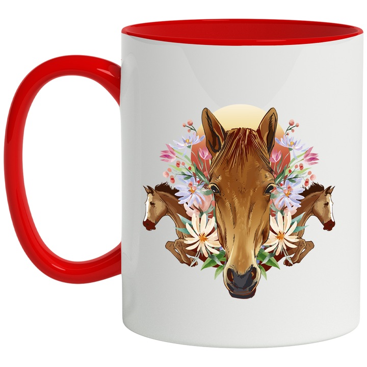 Cana Cu Portret Pui De Cal Maro, Flori Roz, Echitatie, Hippie, Iubitorii De Cai Si de Libertate, 330 ml, cu maner Rosu