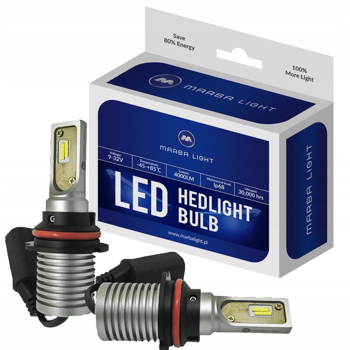 Set 2 becuri LED HB1 P29T, Marba Light, Omologare E9, 4000 lm, 20W, 6-32V, 6000k, Alb rece