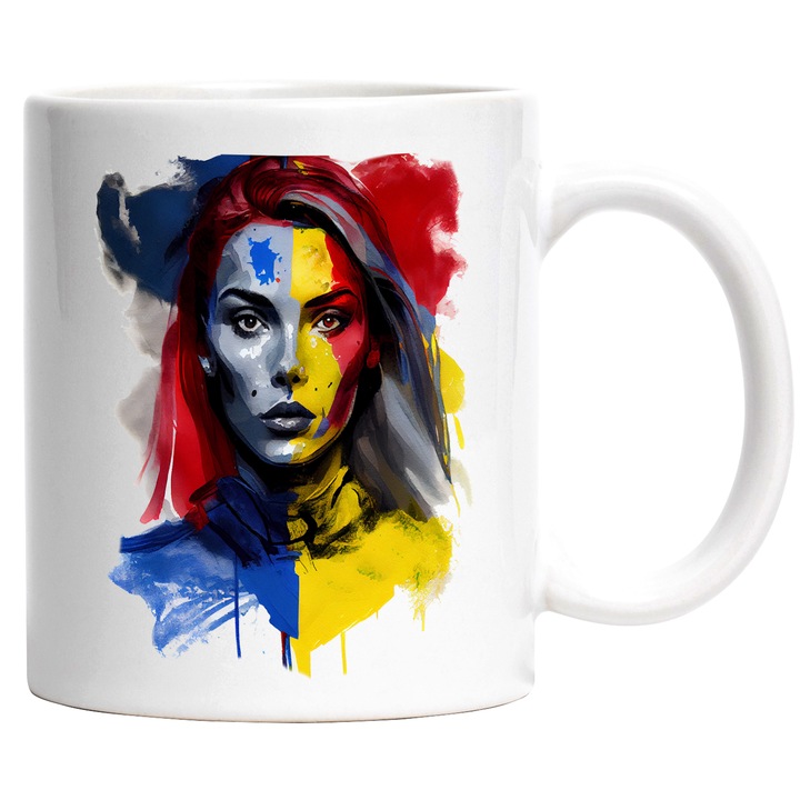 Cana Cu Pictura Curgatoare Chip Portret Fata Par Lung, Steagul Romaniei, Albastru Rosu Galben, Iubitori De Steag, Multicolor, 330 ml, cu maner Alb