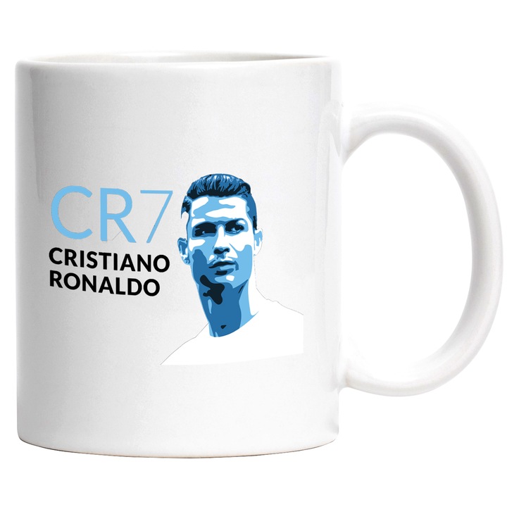 Cana Cu Portret Cristiano Ronaldo, Jucator Football Cunoscut, Real Madrid, Sport De Echipa, 330 ml, cu maner Alb