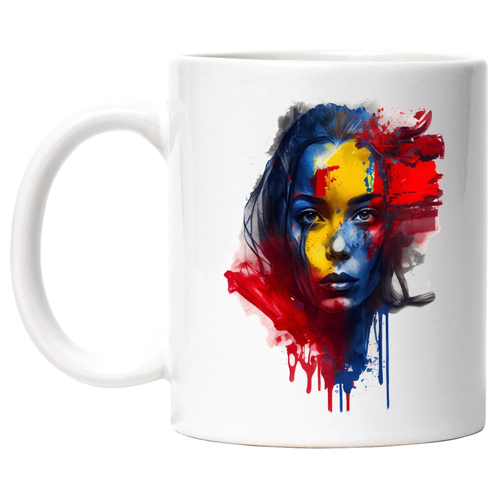 Cana Cu Pictura Curgatoare Chip Portret Fata, Steagul Romaniei, Albastru Rosu Galben, Iubitori De Steag, Multicolor, 330 ml, cu maner Alb