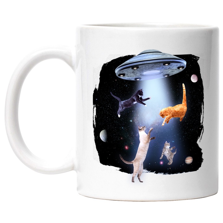 Cana Cu Pisici In Spatiu, Nava Spatiala, Pisici Si Motani, SF, Multicolor 330 ml, cu maner Alb
