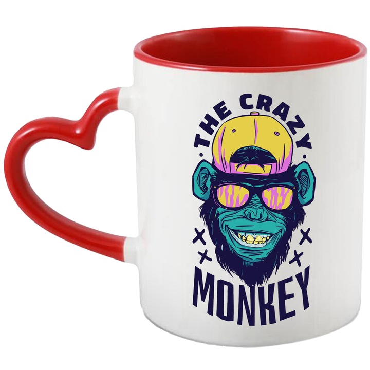 Cana Cu Portret maimuta CU Sapca Galben aoChelarii De Soare Text In Engleza The Crazy Monkey, Multicolor 330 ml, cu maner Inima Rosie