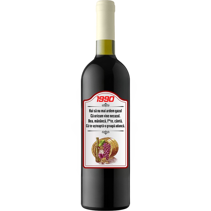 Set personalizat sticla de vin rosu, demisec, Feteasca Neagra, 750 ml, breloc succes si punga de cadouri cu imprimeu Hai sa nu mai ardem gazu 85 ani