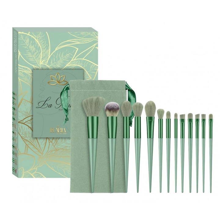 Луксозен комплект четки за грим DIGIMAT®, естествен косъм, с първокласна опаковка, зелена