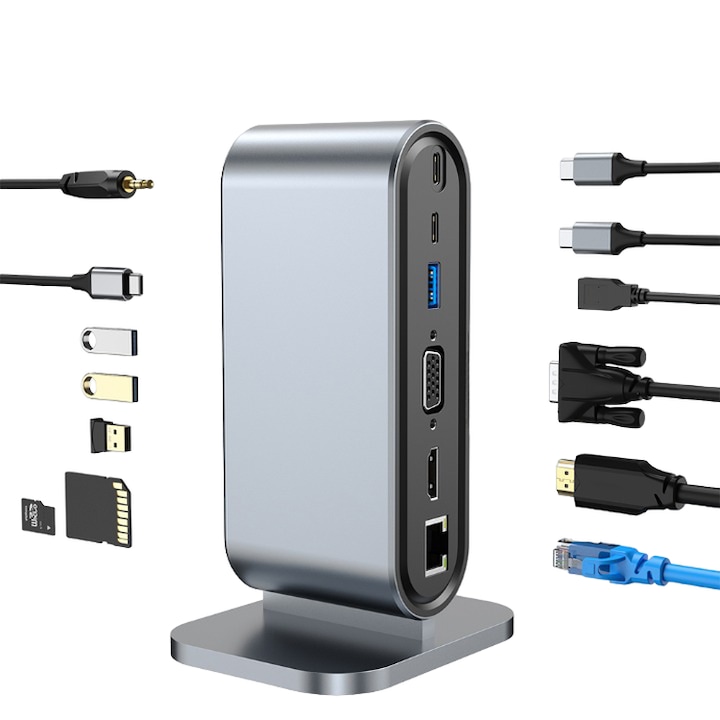 Hub Adaptor Multiport 12 in 1 USB-C 3.1 Staryon® la HDMI 4K / VGA / LAN RJ45 (100 MB/S) / 4x USB 3.0 / TF SD Card Reader / 3.5mm Jack Audio / USB Type-C / PD Port 100W, Docking Station pentru Laptop, MacBook Air/Pro, Chromebook, Tableta, Telefon, Gri