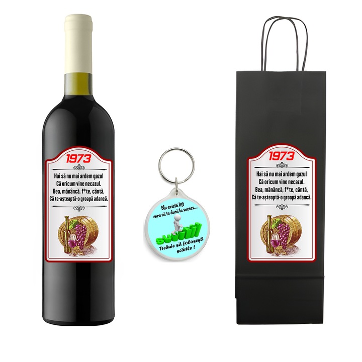 Set personalizat sticla de vin rosu, demisec, Feteasca Neagra, 750 ml, breloc succes si punga de cadouri cu imprimeu Hai sa nu mai ardem gazu 68 ani