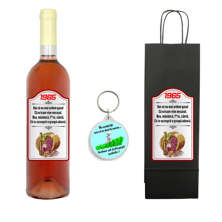 Set personalizat sticla de vin rose, demisec, 750 ml, breloc succes si punga de cadouri cu imprimeu Hai sa nu mai ardem gazu 60 ani