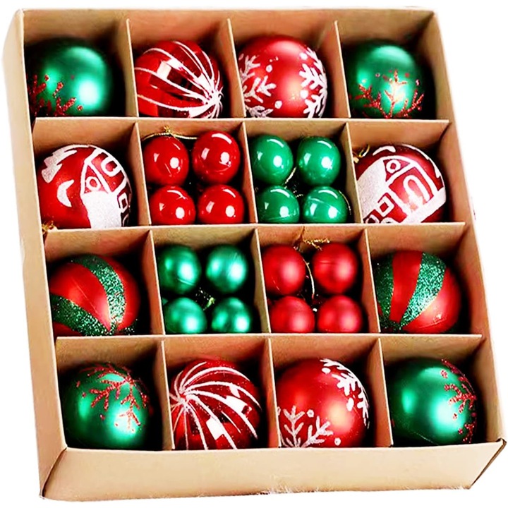 Set 44 de ornamente brad Craciun, 6cm, 9 modele, Rosu verde