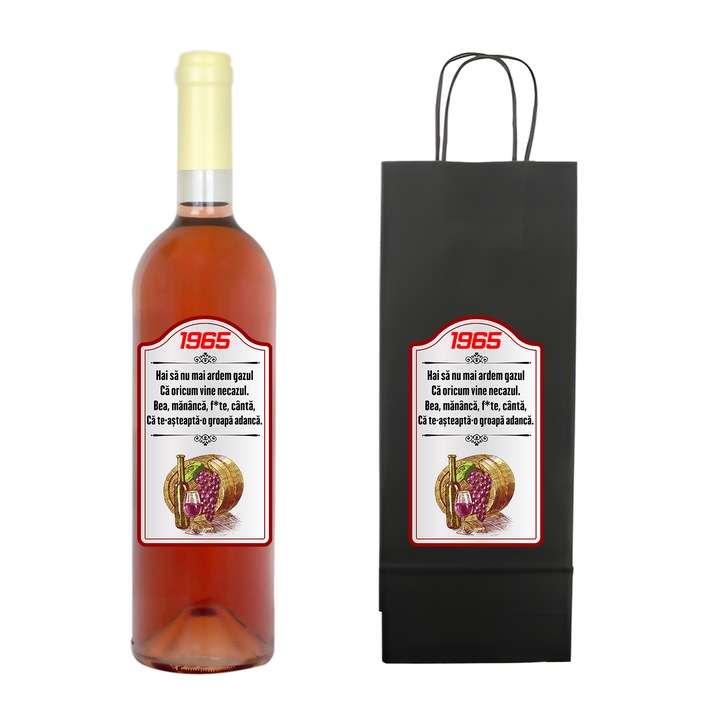 Set personalizat sticla de vin rose, demisec, 750 ml si punga de cadouri cu imprimeu Hai sa nu mai ardem gazu 60 ani
