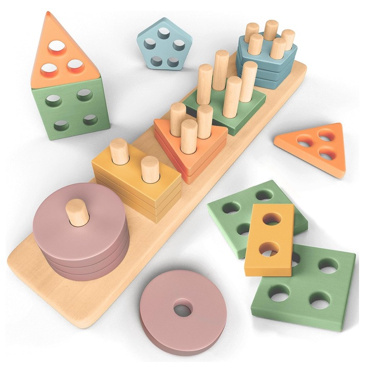 Монтесори играчки MunDeir, 20 части, естествено дърво, геометрични фигури