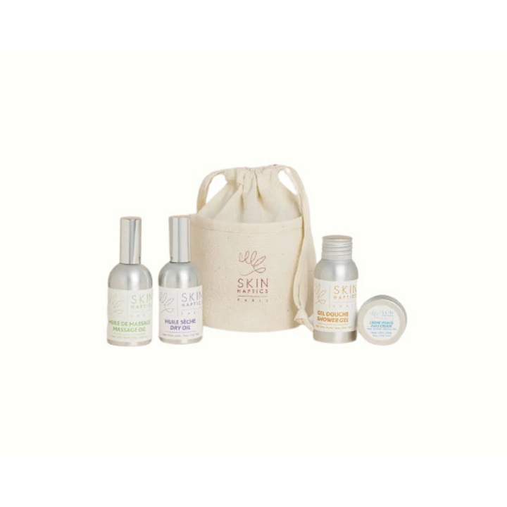 Set "My travel Box" cu 3 Cosmetice, Ideal pentru Calatorii, Gel de dus 50 ml, Ulei de masaj 10 ml si Uleiul uscat 10 ml, Skinhaptics