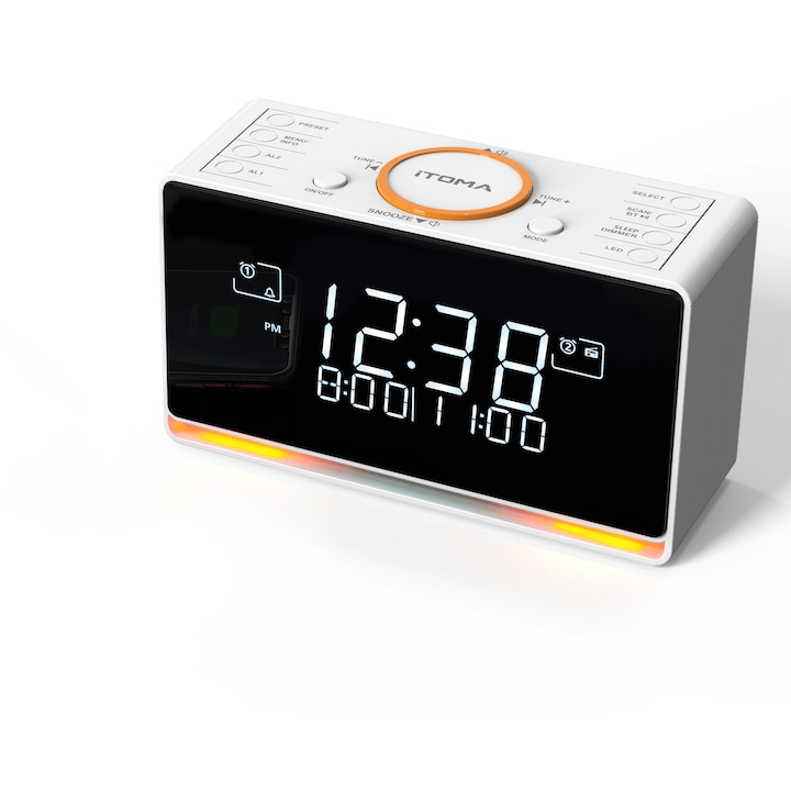 Ceas cu alarma radio DAB si FM cu 40 de presetari, Ceas Desteptator digital, difuzor Bluetooth, incarcare USB, Afisaj LED alb