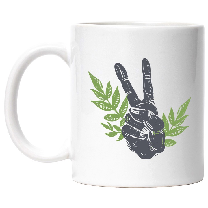 Cana Cu Mesajul Semnul Mainii Peace, Frunze Verzi, Pace, Iubre, Iubitorii De Pace, Negru Cu Verde, 330 ml, cu maner Alb